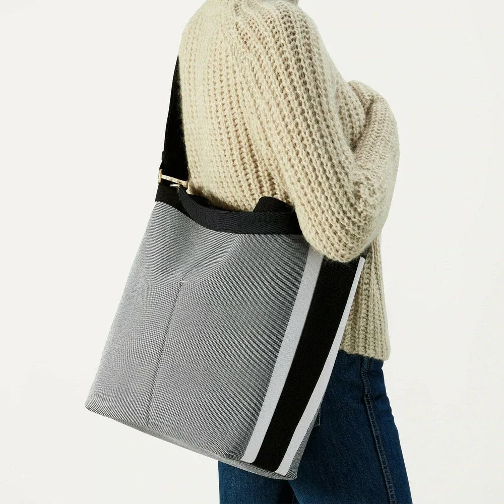 Rothy's Gray and Black Crossbody Tote with White Stripe